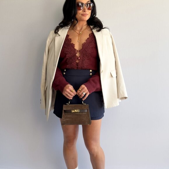 Women’s 3-Way Lace-Trim Convertible Sweater Cardigan – Burgundy - Picture 5 of 13